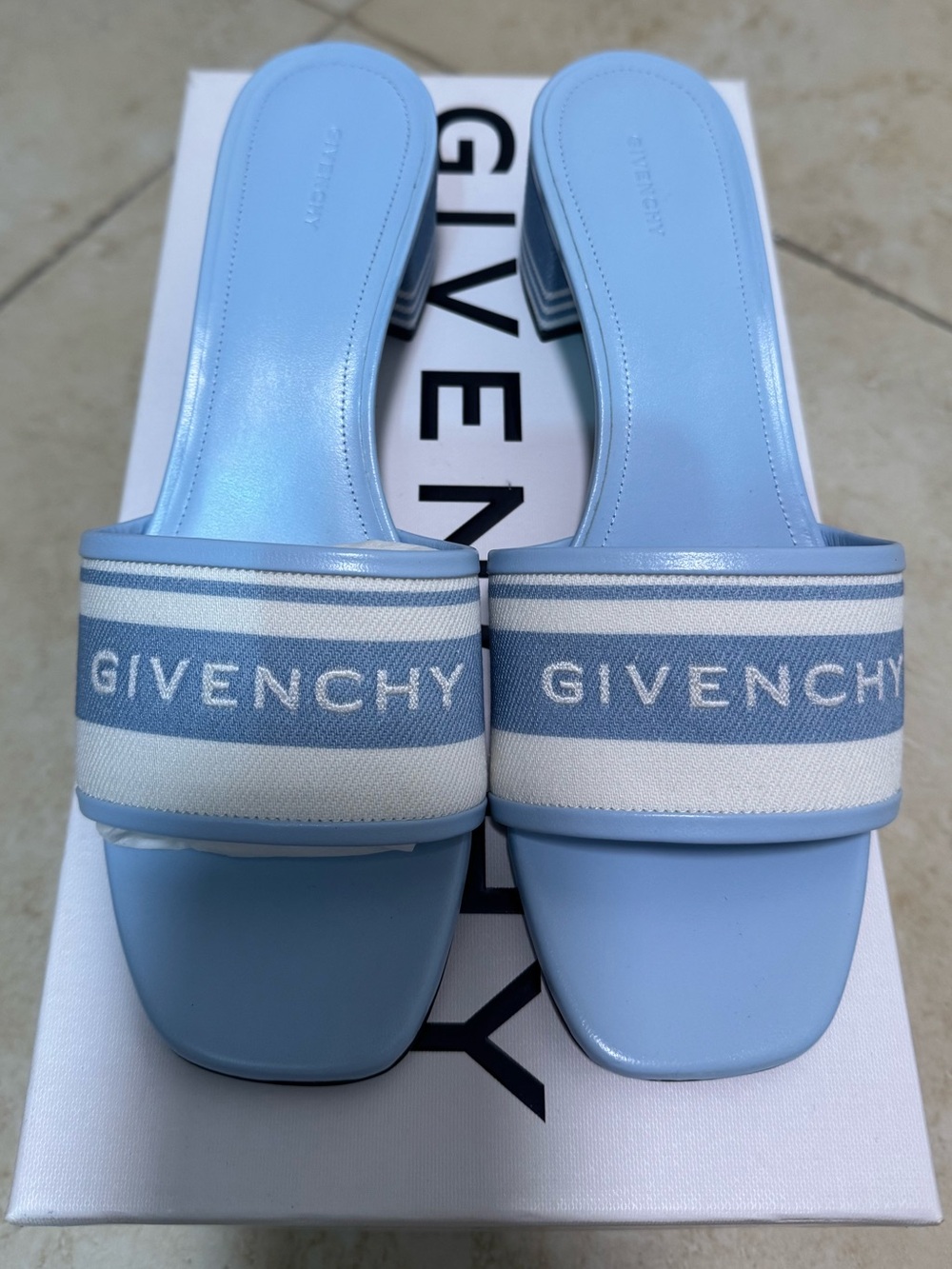 Givenchy Light Blue and White Logo Slide Sandals